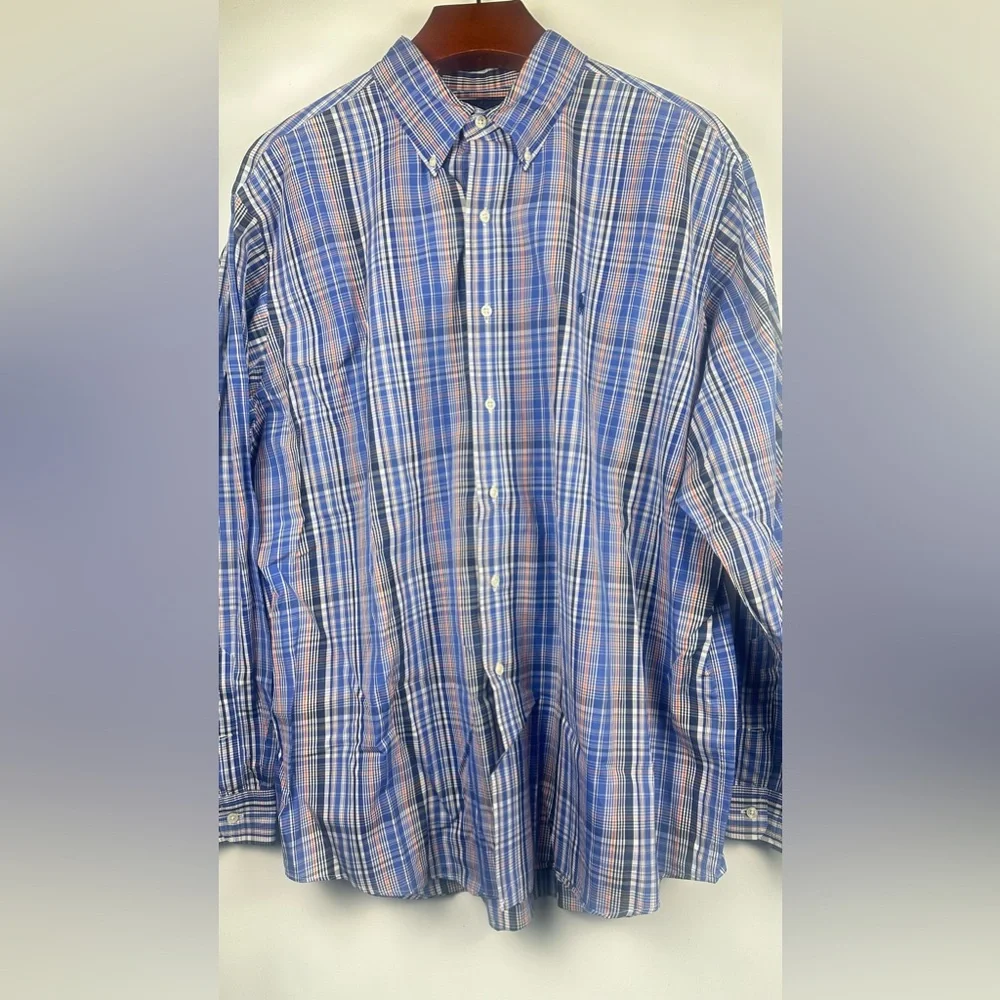 Ralph Lauren Shirt Men's XXL Button Up Long Sleeve Custom Fit Blue Polo Pony